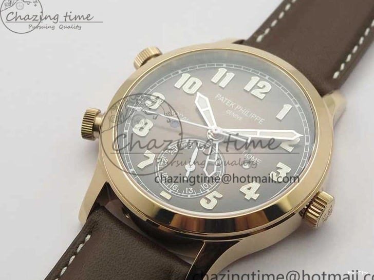 MIROTIME 0510 ZipUp Calatrava 5524R Pilot Travel Time RG GRF Brown Dial on Brown Leather Strap A324 V 7110